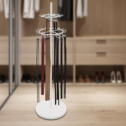 Floor Standing Belt Display, Tie Rack Floor Mounted Belt Hanger Belt Display Shelf Purse Hanger Stand Scarf Stand Adjustable Feet for Home, Boutiques, Clothing Stores, Retail Stores (White)