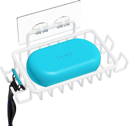 Nieifi Bar Soap Holder for Shower Wall with 4 Hooks, Stainless Steel Adhesive Soap Dish for Bathroom, White