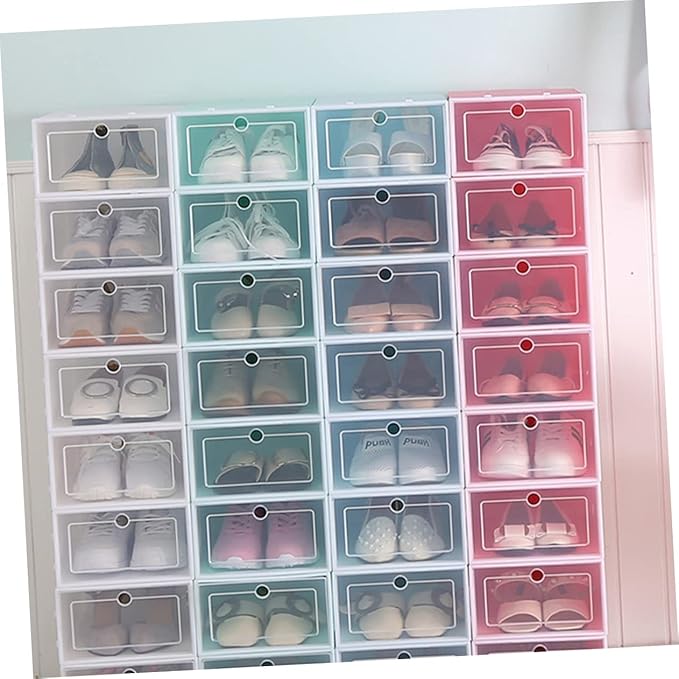 Luxshiny 6PCS Thick Transparent Stackable Shoe Boxes Plastic Storage Containers with Doors Small Pink Shoe Organizer for Closet Entryway Under Bed