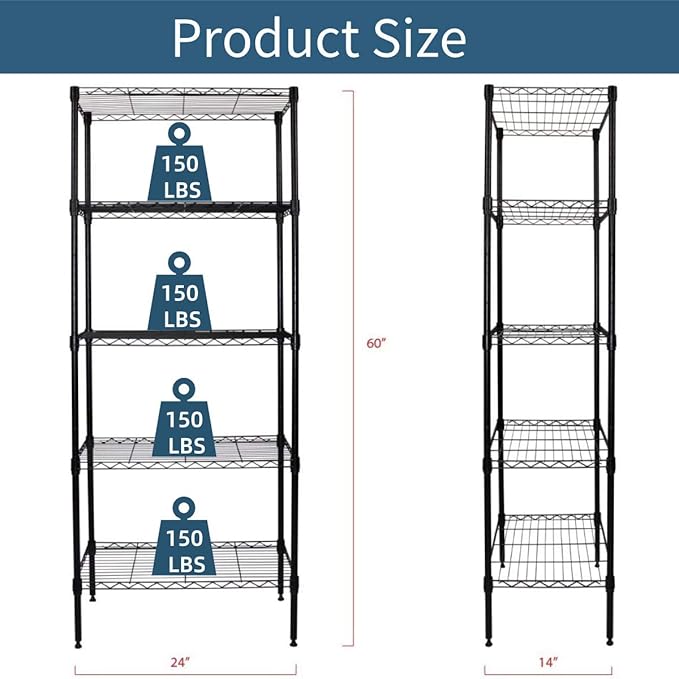 Storage Metal Utility Shelves, 5-Tier 24" Steel Garage Storage Wire Shelving Unit,750Lbs Rust-Proof Storage Racks w/Leveling Feet, NSF Certification Shelf for Kitchen Office Garage