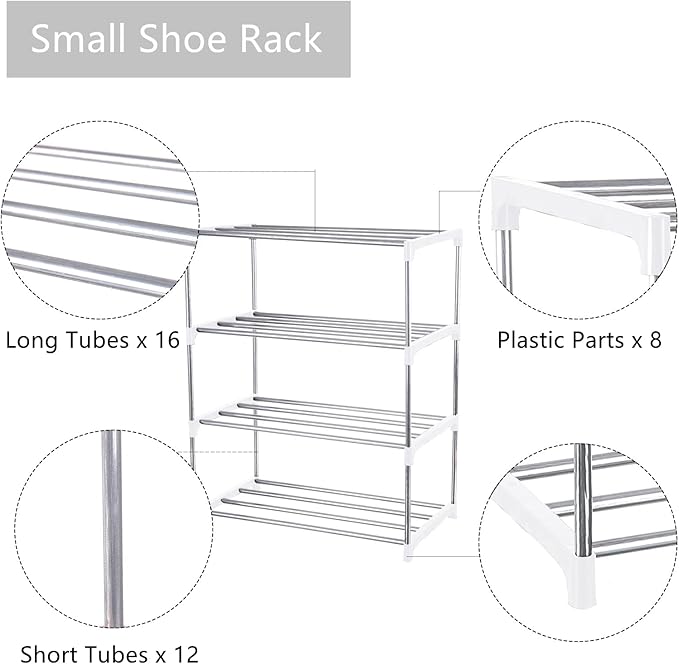 Small Shoe Rack, Narrow Stackable Shoe Shelf Organizer for Entryway, Doorway and Bedroom Closet (4-Tier, White)