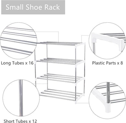 Small Shoe Rack, Narrow Stackable Shoe Shelf Organizer for Entryway, Doorway and Bedroom Closet (4-Tier, White)
