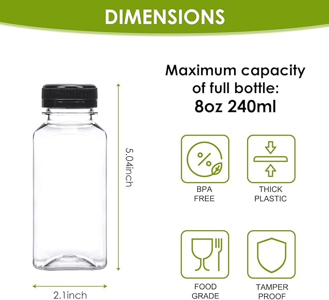 Moretoes 200pcs 8oz Plastic Juice Bottles with Caps, Clear Empty Reusable Water Bottles, Disposable Beverage Containers Bulk for Juicing Smoothies Turmeric Juice Milk and Other Beverages