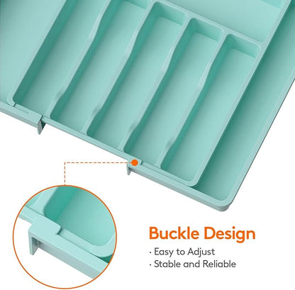 Lifewit Silverware Drawer Organizer, Expandable Utensil Tray for Kitchen, BPA Free Flatware and Cutlery Holder, Adjustable Plastic Storage for Spoons Forks Knives, 13-22 x 15", Turquoise