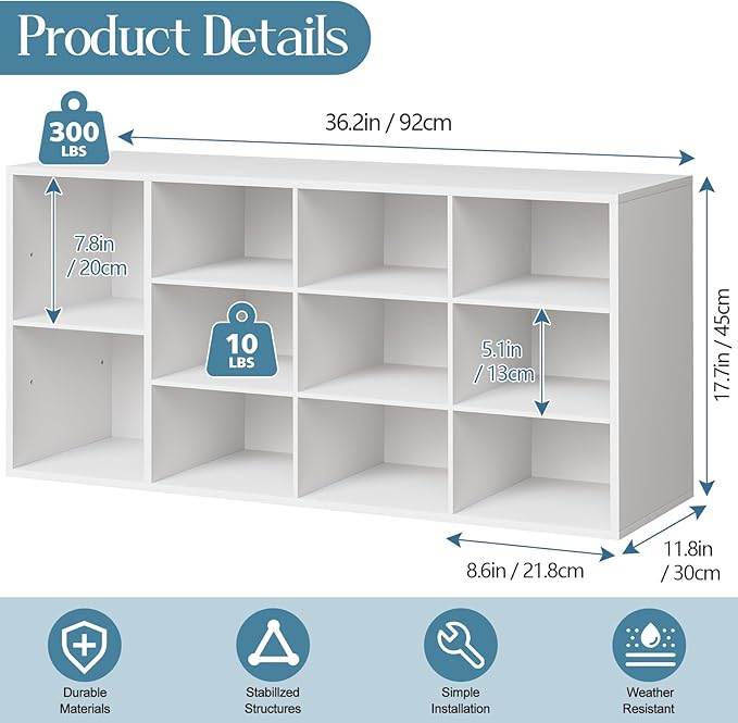Aenuert 11-Cubby Shoe Rack, 3-Tier Wood Shoe Organizer, Multifunctional Shoe Organizer Bench for Entryway, Mudroom, Hallway, Closet,36.22 * 11.81 * 17.72 Inch,White
