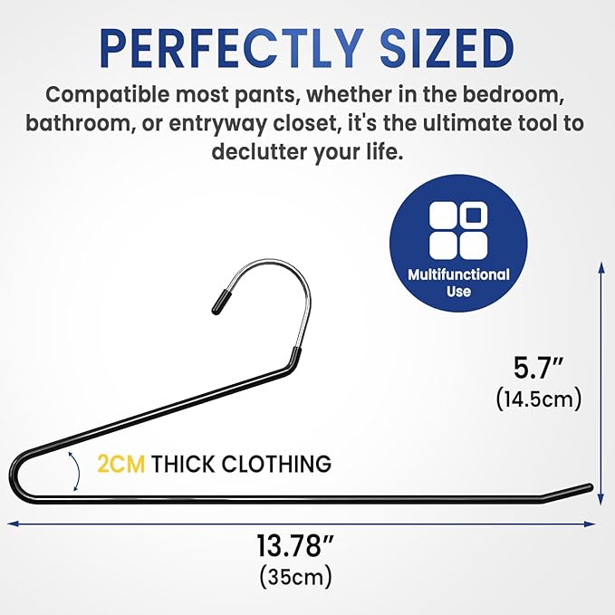 DAMITA Open Ended Pants Hangers - Non Slip Heavy Duty Metal Hangers 20 Pack - Space Saving Jeans Trousers Blanket Organizer for Closet - 7 lbs Load Capacity Rubber Coating Black