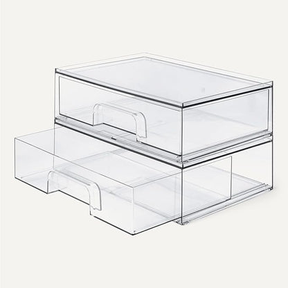 Amazon Basics Stackable Plastic Storage Makeup Organizer Drawers, Clear, 12.1" x 7.6" x 3.5", 2 Pack