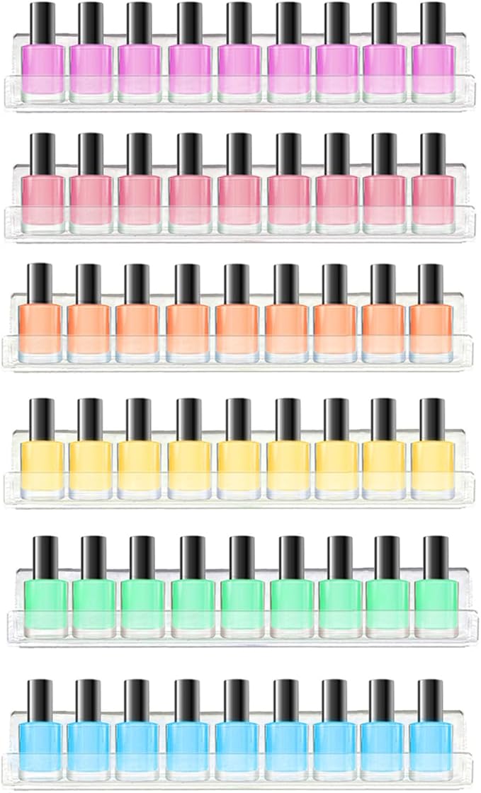 ROYALITA 6-Pack Acrylic Shelves - Nail Polish Organizer Wall Mounted Shelves, Nail Polish Rack with Removable Anti-Slip End Inserts, Nail Polish Holder for Bottles Nail Polish Display & Storage Shelf