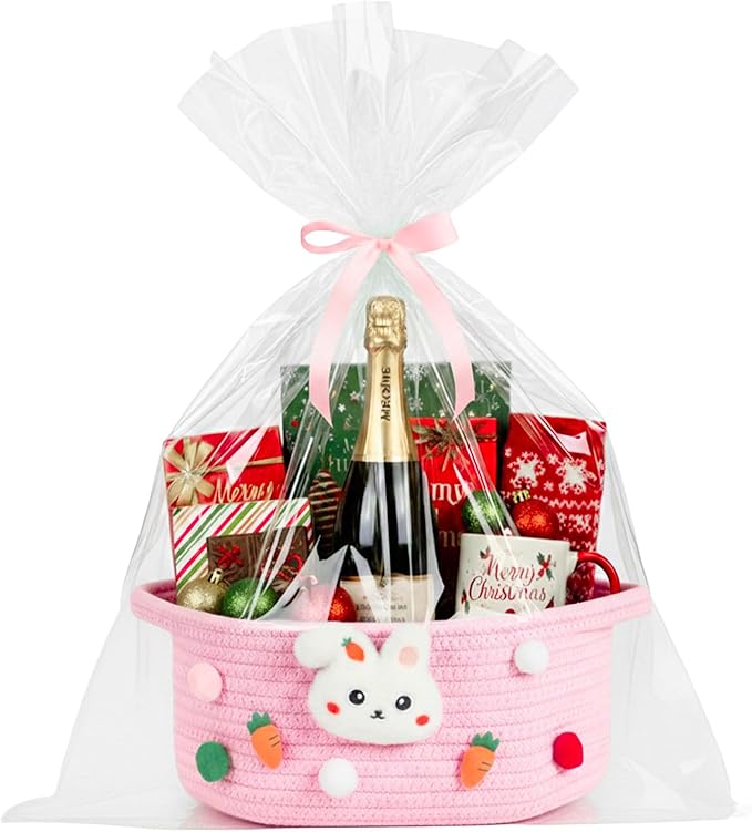 ShellKingdom Empty Gift Basket with Gift Bags and Ribbon, Birthday Basket for Boys Girls, Storage Woven Basket with Handles for Home Organizer, 12 X 8 X 5 INCH, Easter Pink
