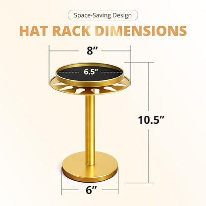 kondyfayo 360° Rotating Hat Organizer for Baseball Caps, Stainless Steel Hat Rack Holder with Top Storage Tray for Small Essentials, Ball Cap Storage Organizer for Closet, Entryway, Display (Gold)