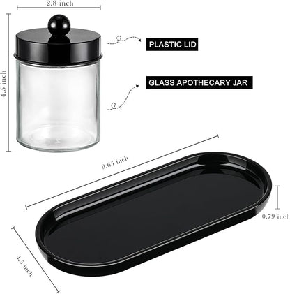 SheeChung Qtip Holder 3pcs, Glass Apothecary Jars with Acrylic Vanity Tray, Cotton Round Holder, Countertop Guest Canister Bathroom Organizers and Storage for Cotton Swabs/Balls, Floss Picks
