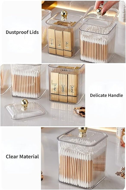 Clear Qtip Holder Dispenser for Cotton Ball and Swab Plastic with Lid Translucent Square Shape Canister Cube Jar for Bathroom Living Room Bedroom Vanity Makeup Organization (Tranparent*2)