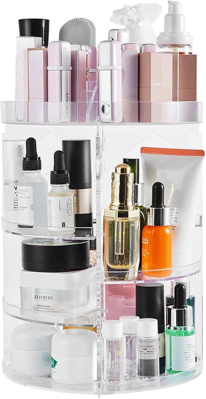 DOZZZ Makeup Organizer 360-Degree Rotating with 7 Layers Large Capacity Adjustable Multi-Function Acrylic Cosmetic Storage Display Case Great For Bathroom Countertop