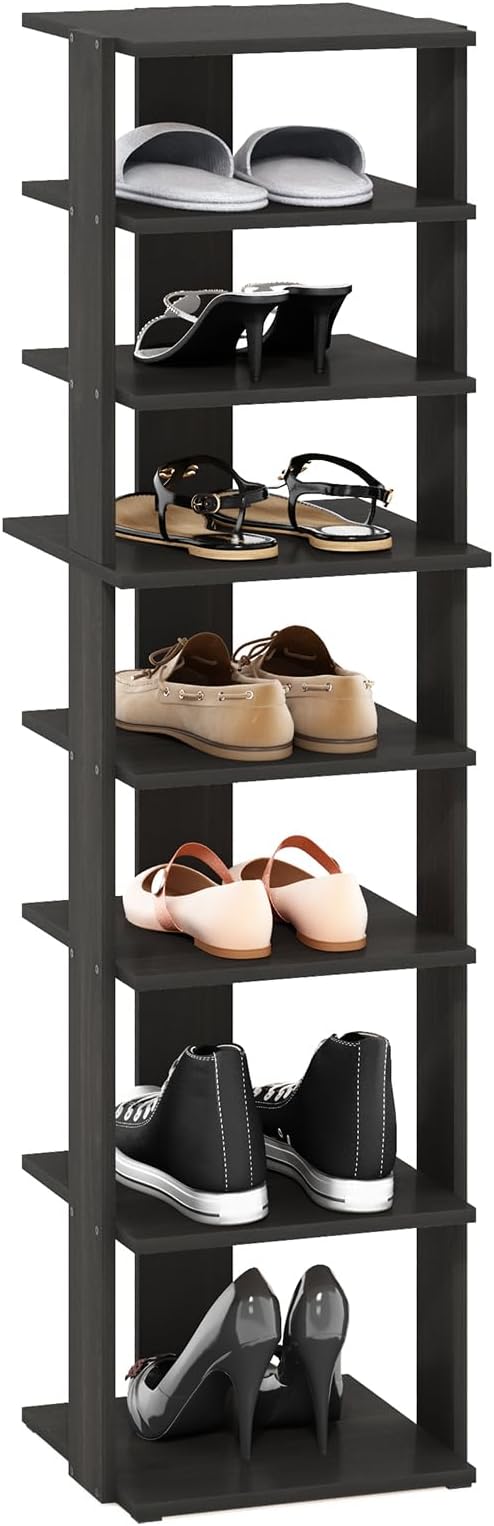 Furinno Compact Vertical Shoe Rack, 8-Tier Narrow Shoe Organizer, Free Standing Shoe Storage, Shoe Shelf for Boots, Sneakers, 12 x 12.6 x 46.7, for Closet, Entryway, Office, Garage, Espresso