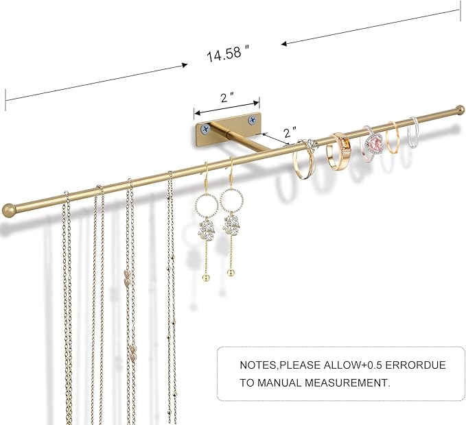 2 Pack Wall Jewelry Organizer, 14.5'' Necklace Holder for Hanging Earring, Ring, Bracelet, Hairband, Glasses Storage, Decorative Space-Saving Jewelry Display-Gold