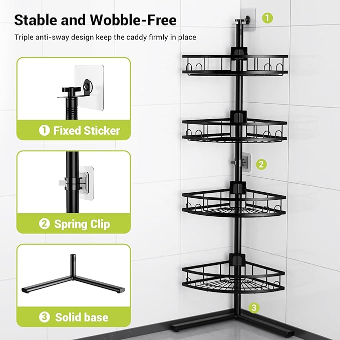 Aitatty Corner Shower Caddy Standing: 4-tier Rustproof Shower Organizer Shelf - Floor Shower Corner Shelf Rack Stand for Bathroom Black