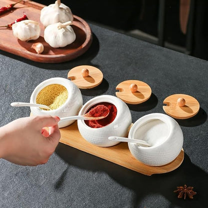 Ceramic Seasoning Container Spice Jar, Home Kitchen Seasoning Box Food Storage Container with Bamboo Lid and Bamboo Tray, Ceramic Spoon 200 ml (7 oz), Set of 3 Bottles, Suitable for Kitchen