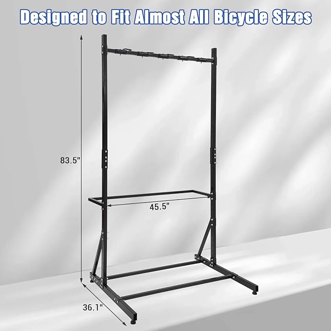 Freestanding Bike Rack for 5 Bicycles, Heavy Duty Vertical Bike Storage Stand with Adjustable Height, 300 Lbs Capacity, Steel Organizer with Non-Slip Hooks, Easy Assembly for Garage, Apartment, Indoor