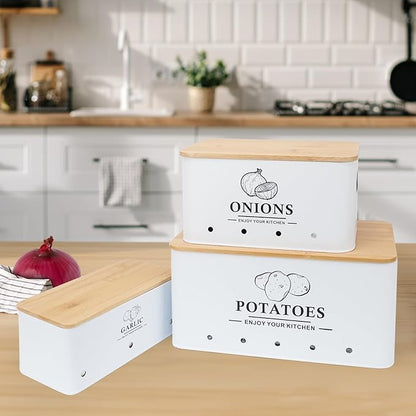 Kitchen Vegetable Storage Set of 3, Metal Onion Garlic Potato Storage Set, Kitchen Canisters Vegetable Keeper Containers with Aerating Holes and Wooden Lid (White)