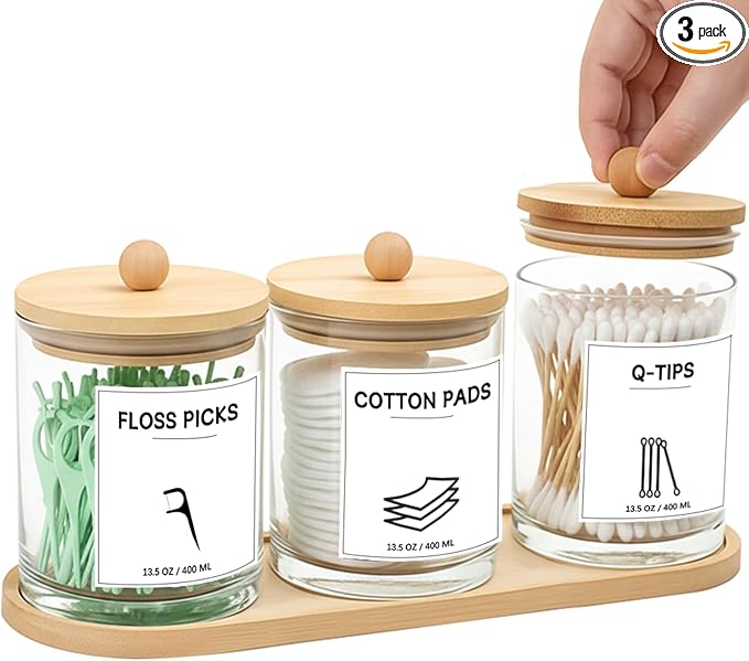 3Pack Glass Qtip Holder with Bamboo Tray, Cotton Ball Holder, 13.5 oz Apothecary Jars Bathroom Canisters with Lids, Bathroom Jars for Floss Picks, Cotton Swabs, Balls, Pads(Clear)