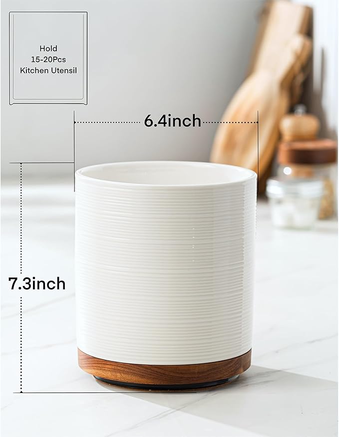 Utensil Holder, 360° Rotating Extra Large Ceramic Kitchen Utensil Holder for Countertop, 7.3“ Cooking Utensil Crocks for Kitchen Counter with Rotatable Wooden Base, Farmhouse Decor, White
