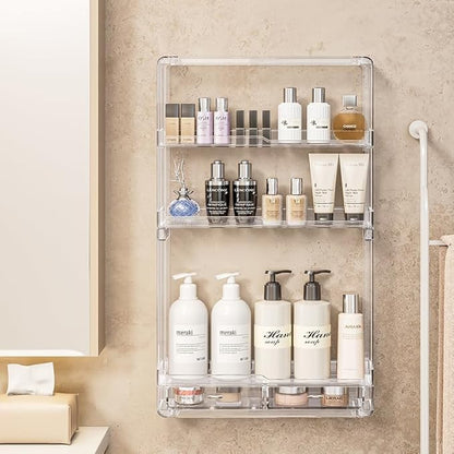 BOHOIDEE 3 Tiers Wall Acrylic Display Shelves with 2 Division Boards, Large Capactiy Acrylic Bathroom Organizer, Wall-Mounted Dustproof Makeup Organizer Storage for Bathroom, Kitchen, Room Decor