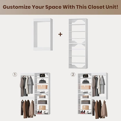 ROOMTEC Modular Closet System, 58" Wall-Mounted Closet Organizer with Hanging Rods and Shelves, Wooden Tower for Walk-In Closets, Wardrobe Storage Kit, White