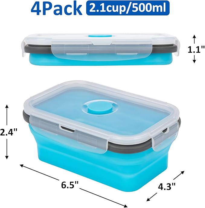 Collapsible Silicone Food Storage Containers Set with Lid & Air Vent,Foldable Lunch Containers(4PCS,Blue,17oz)