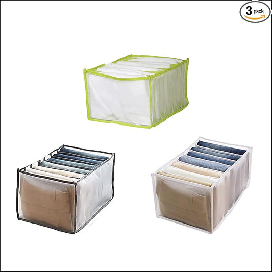 1PC/3PCS Wardrobe Clothes Organizer and Storage Grid For Jeans Drawers and Pants (Green+White+Gray,For Leggings/7 Grids/Medium)