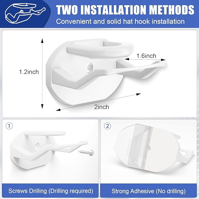 Niunuerga 24 Pack Adhesive Hat Hooks for Wall, Strong Hat Rack for Baseball Caps, Hat Organizer Display for Home Decor, Hat Hold Hanger for Wall, Door, Closet, No Drilling (White)