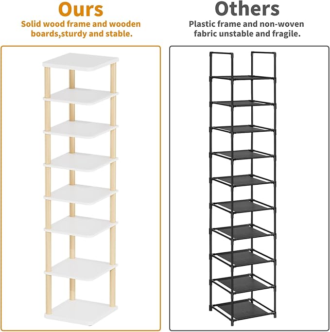 LUCKNOCK Vertical Shoe Rack, 8-Tier Tall Narrow Shoe Organizer for Entryway, Closet, Dorm & Small Spaces, Freestanding Wooden Shoe Shelf Tower for Boots, Sneakers, Heels. (White)
