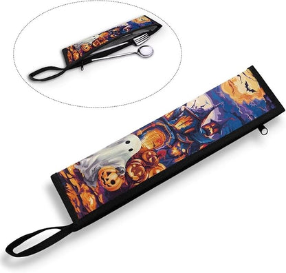 COEQINE Halloween Ghost Themes Portable Utensil Caddy Case with Keychain Small Foldable Pouch Knife Fork Spoon Organizer Holder for Picnic Outdoor