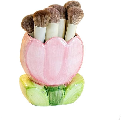 TANG SONG Ceramic Tulip Make up Brush Holder Flower Cosmetic Storage Box Pen and Pencil Holder Desktop Organizers (Pink)