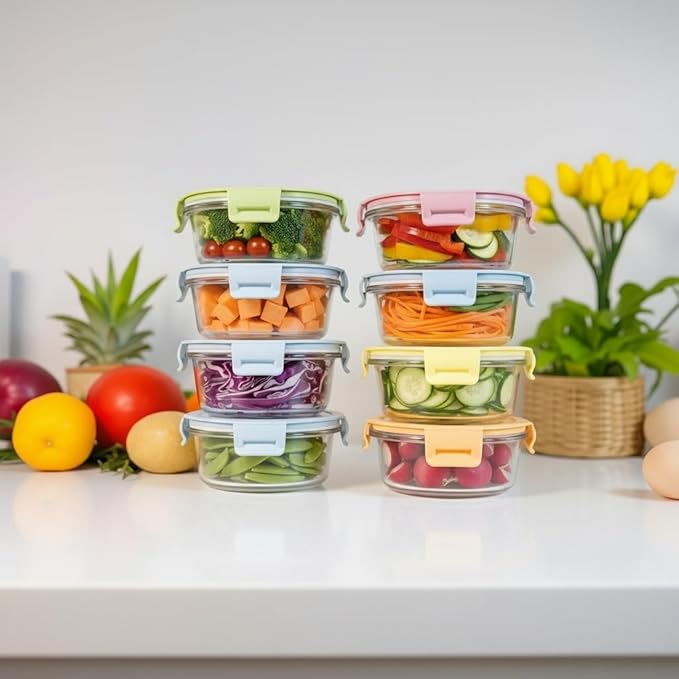 1.5 Cup Round Glass Food Containers with Lids and Folding spoon, Round Small Food Containers with lids, 12OZ Glass Lunch Bowls for Office Meals, Microwave, Freezer, Dishwasher Safe (4 Pack)