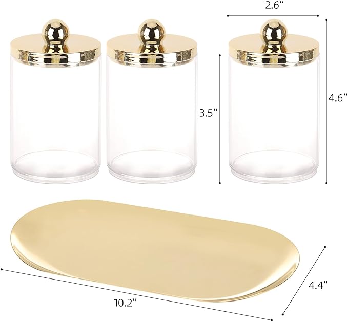Tbestmax 3 Pack Qtips Holder with Gold Tray, 10oz Cotton Swab Ball Holder for Bathroom Essentials Accessories Decor Clear Plastic Canister Apothecary Jars