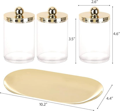 Tbestmax 3 Pack Qtips Holder with Gold Tray, 10oz Cotton Swab Ball Holder for Bathroom Essentials Accessories Decor Clear Plastic Canister Apothecary Jars