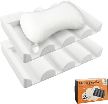 Silicone Soap Dish,Self Draining Soap Holder Perfect for Shower,Bathroom Sink,Kitchen Sink & Travel,Non-Slip Bar Soap Holder Extend Soap Life,Keep Soap Bars Dry & Easy Cleaning White-2Pcs