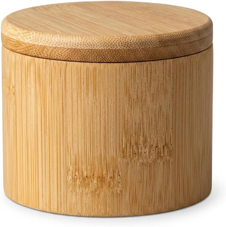 Salt Cellar with Magnetic Swivel Lid and Spoon – Bamboo Salt Box for Countertop, 6 oz Wooden Salt Container | Stores Sea Salt, Kosher Salt, Spices, Pepper & Sugar | Housewarming Gift for Home Cooks
