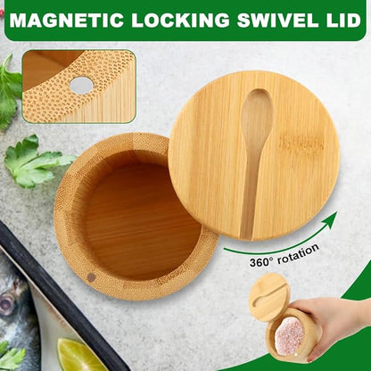 2Pcs Bamboo Salt and Pepper Bowls, Bamboo Salt Cellar Spice Box with Magnetic Swivel Lids and Spoons, Seasoning Containers for Salt, Pepper, Sugar, Spice