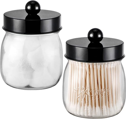 Farmhouse Decor Apothecary Jar Set, Mason Jar Bathroom Vanity Storage Organizer Canister-Qtip Holder Plastic Acrylic Jar for Cotton Swabs, Cotton Pad, Floss Pick, Paper Clip, Hair Clip (2 Pack, Black)