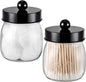 Farmhouse Decor Apothecary Jar Set, Mason Jar Bathroom Vanity Storage Organizer Canister-Qtip Holder Plastic Acrylic Jar for Cotton Swabs, Cotton Pad, Floss Pick, Paper Clip, Hair Clip (2 Pack, Black)