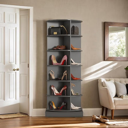 Rotating Shoe Rack Tower, 360-Degree Circular Storage Organizer for Shoes and Handbags, Vertical Space-Saving Cabinet for Entrance Hall, Independent Rotating Shoe Shelf（A-Gray）