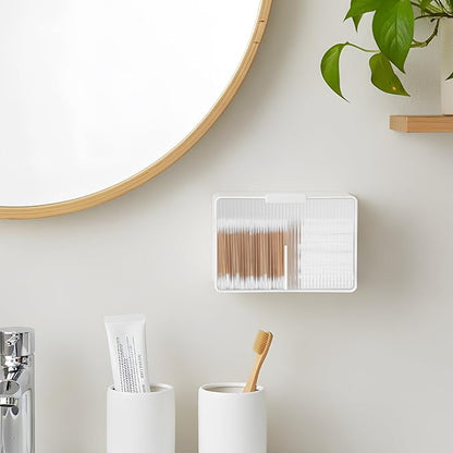 Qtip Holder, Wall Mount Qtip Holder Organizer for Bathroom Cotton Swabs, Balls, Cosmetic Cotton Pads, Dental Floss Storage - White