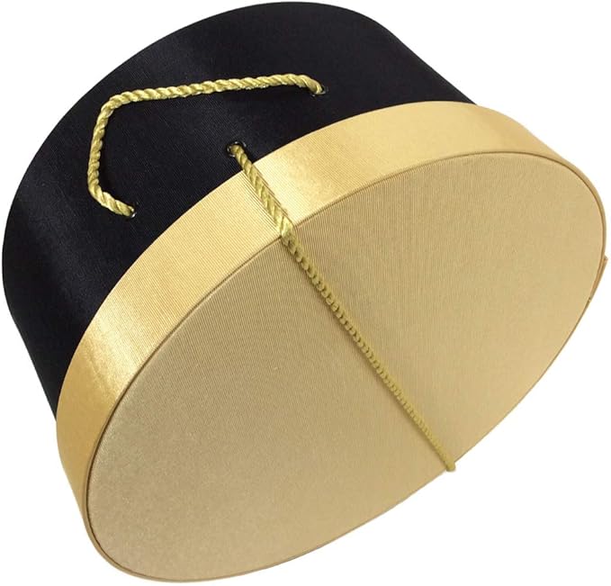 Sarah's Hat Boxes Classic Black/Gold Hat Box – 8.75" x 4.5" (Dia. x Ht.) Handmade in USA – Odorless Non-Toxic Adhesive, Cording Handle – Premium Storage for Hats & Accessories
