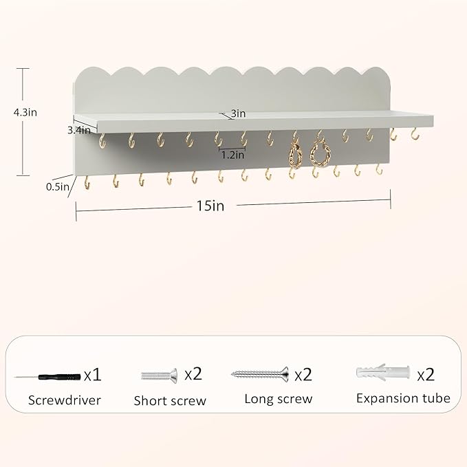Wall Mount Jewelry Organizer with 26 Hooks and Cosmetics Shelf, Modern Wood Hanging Jewelry Holder for Necklaces, Bracelets, Earrings and Rings, Grey
