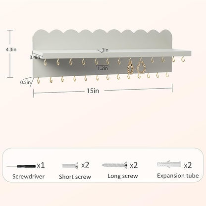 Wall Mount Jewelry Organizer with 26 Hooks and Cosmetics Shelf, Modern Wood Hanging Jewelry Holder for Necklaces, Bracelets, Earrings and Rings, Grey