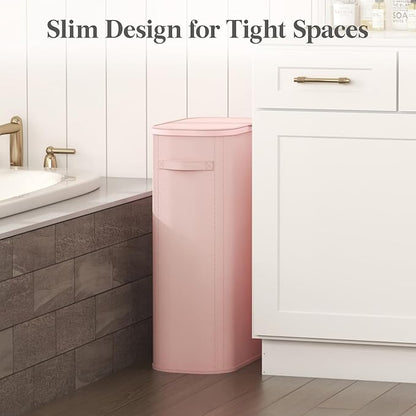 Lifewit Slim Laundry Basket with Lid, Narrow Large Laundry Hamper with Plastic Handles and Removable Bag, Tall Foldable Dirty Clothes Hampers for Laundry Room, Bedroom, Bathroom, Dorm, 65L Pink
