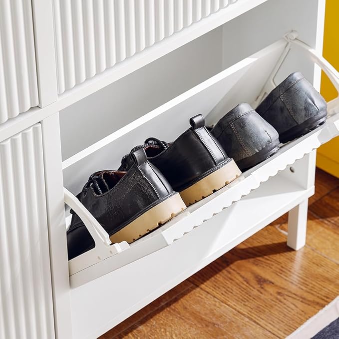 SoBuy Shoe Storage Cabinet for Entryway, Freestanding Shoe Organizer Cabinet, Narrow Slim Hidden Shoe Rack, FSR170 (White, 4-Drawers)
