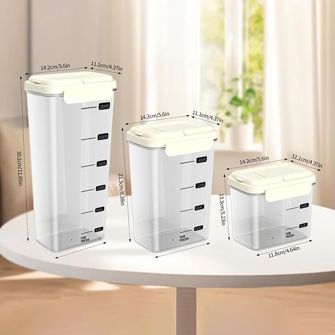 3-Piece Airtight Storage Set - 1200ml+2000ml+2800ml with Handheld Design, BPA-Free Food-Grade, Stackable Organizers for Flour, Grains, Oats, Pasta, Pet Food (Cream Yellow)