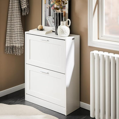 SoBuy Shoe Storage Cabinet Entryway, Slim Shoe Rack Freestanding, Narrow Shoe Organizer 2 Flip-Drawers Shoe Cupboard for Mudroom Front Door Entrance Hallway Bedroom, White, FSR137-W